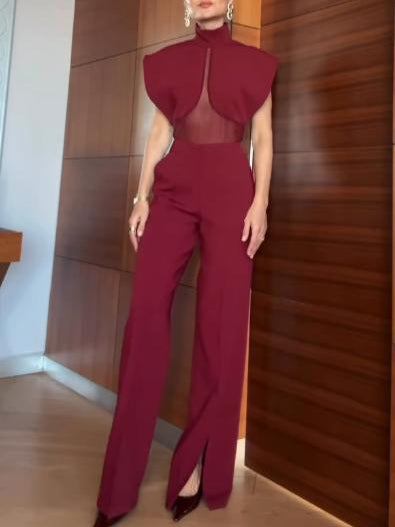 Elegante Top met Hoge Hals en Mesh Paneel & Split Broek Twee-Piece Set