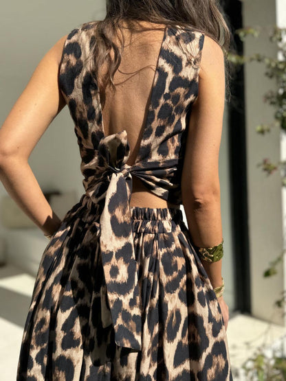 Bohemian Luipaardprint Mouwloze Top & Vloeiende Maxi Rok Set
