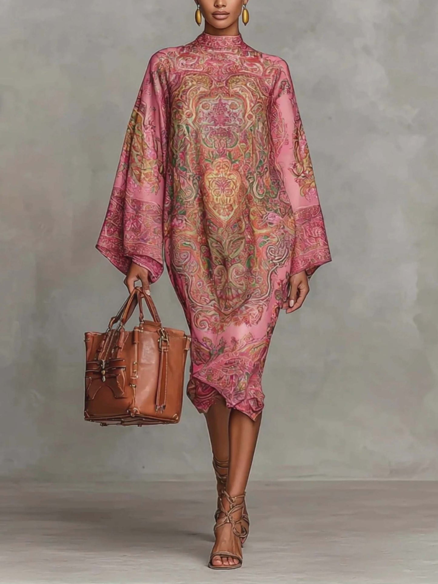 Retro Paisley Print Ronde Hals Flared Mouw Midi Jurk