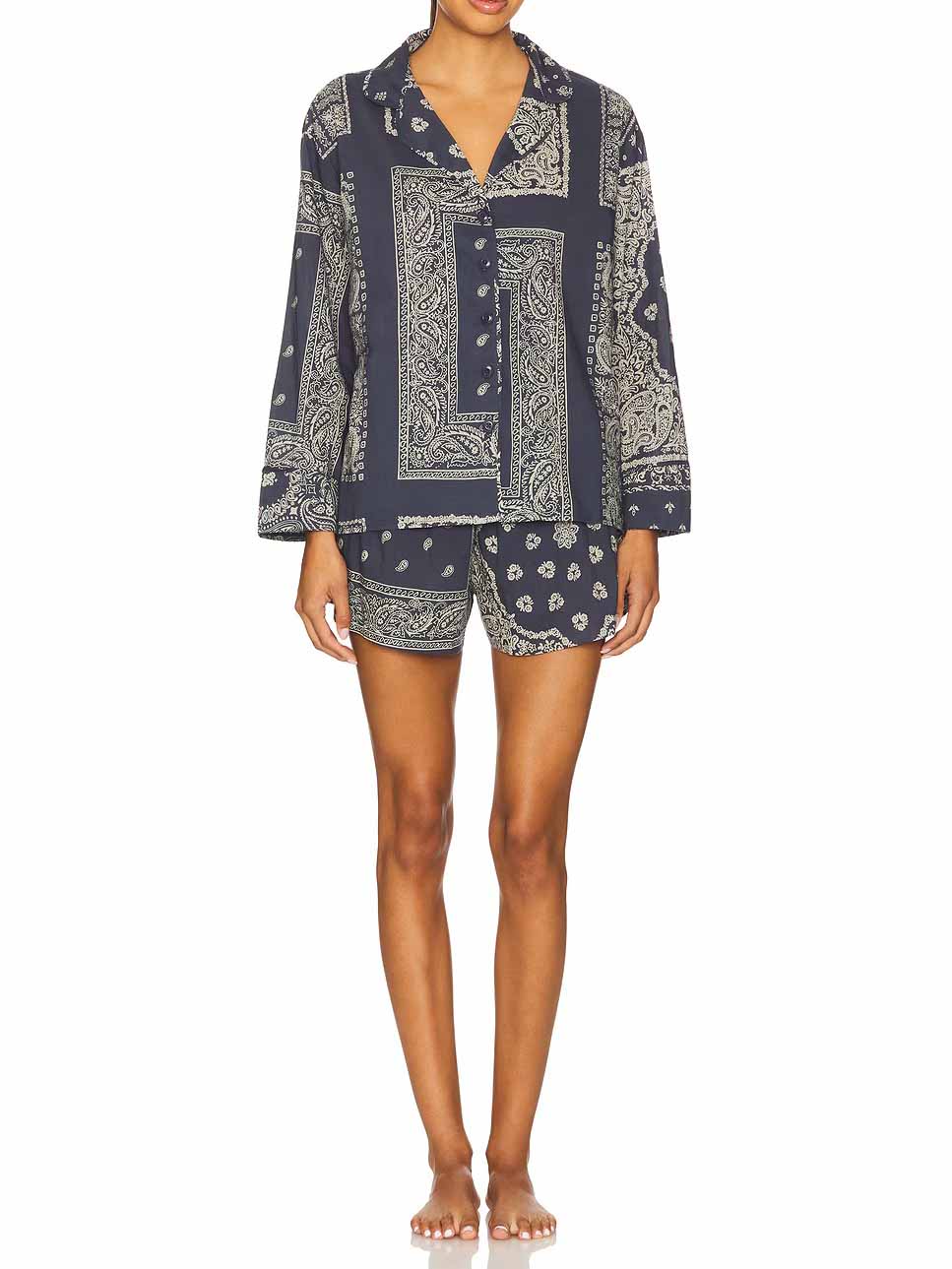 Retro Paisley Print Shorts En Langsleeve Shirt Twee-Piece Set