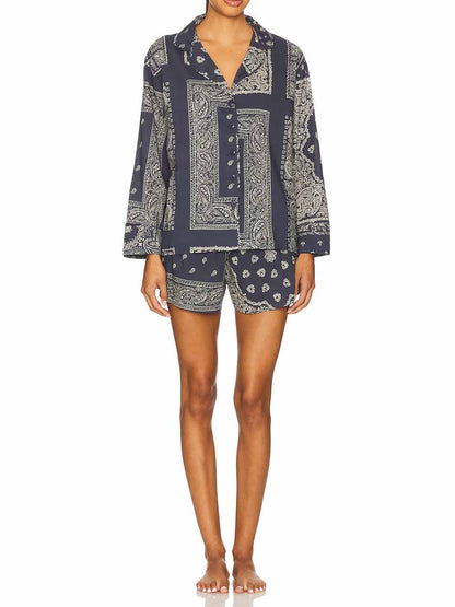 Retro Paisley Print Shorts En Langsleeve Shirt Twee-Piece Set