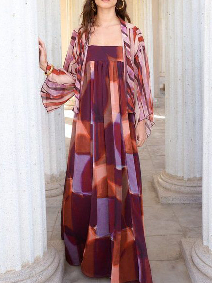 Abstracte Waterverfprint Maxi Jurk & Kimono Twee-Delige Set