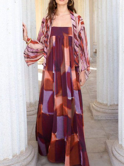 Abstracte Waterverfprint Maxi Jurk & Kimono Twee-Delige Set