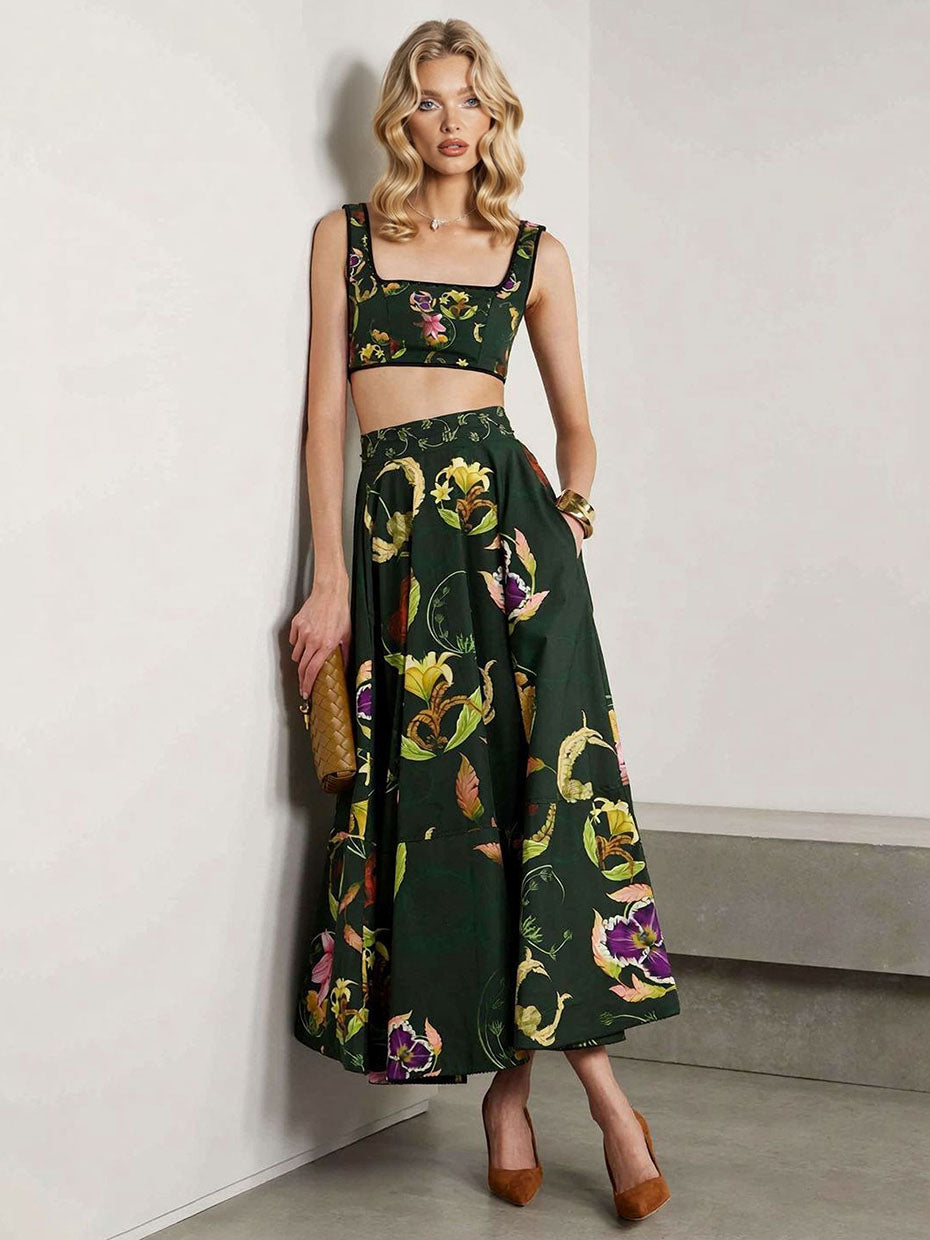 Retro Stijl Donkergroen Bloemenprint Crop Top & Rok Set
