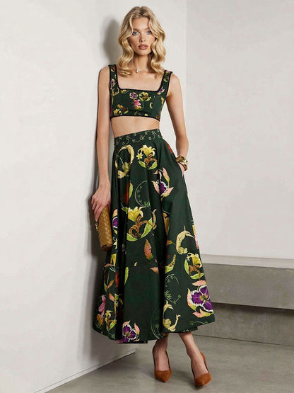 Retro Stijl Donkergroen Bloemenprint Crop Top & Rok Set