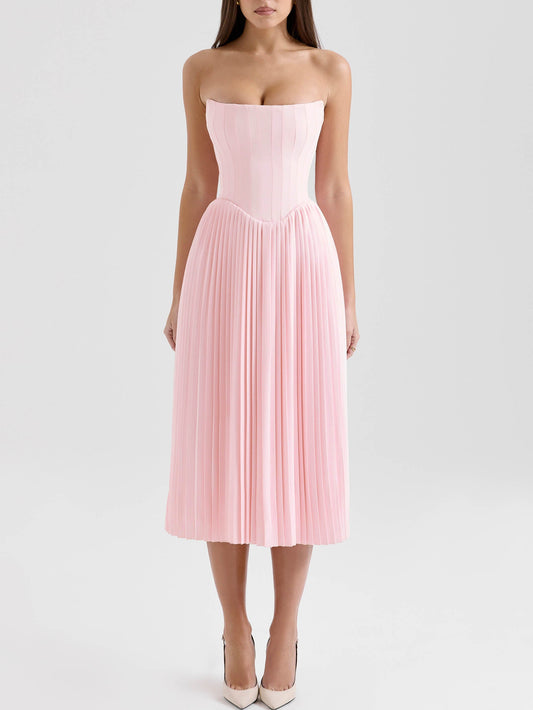 Elegante Strapless Plissé Midi Jurk