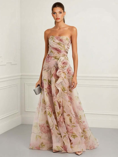Elegante Strapless Bloemenprint Chiffon Maxi Jurk
