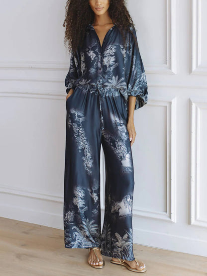 Unieke Marineblauwe Bloemenprint Losse Top met Elastische Taille en Brede Pantalon Set