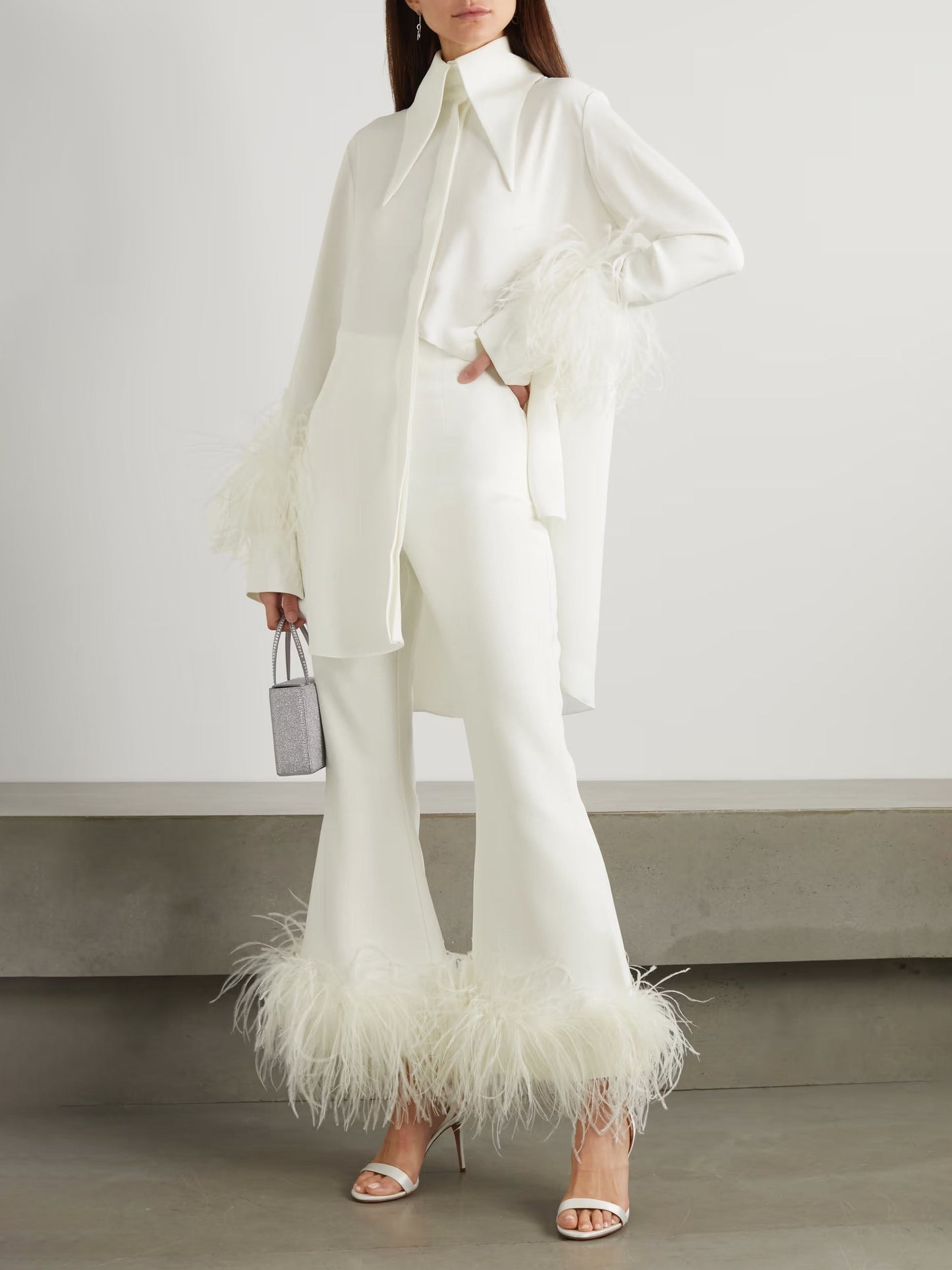 Elegante Satijnen Broek met Veerafwerking met Wijde Pijpen