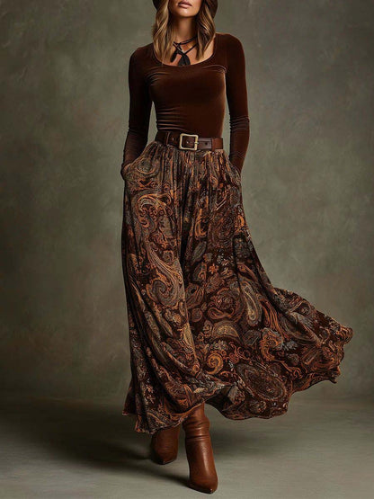 Retro Stretch Velours Top En Paisley Print Maxi Rok Set