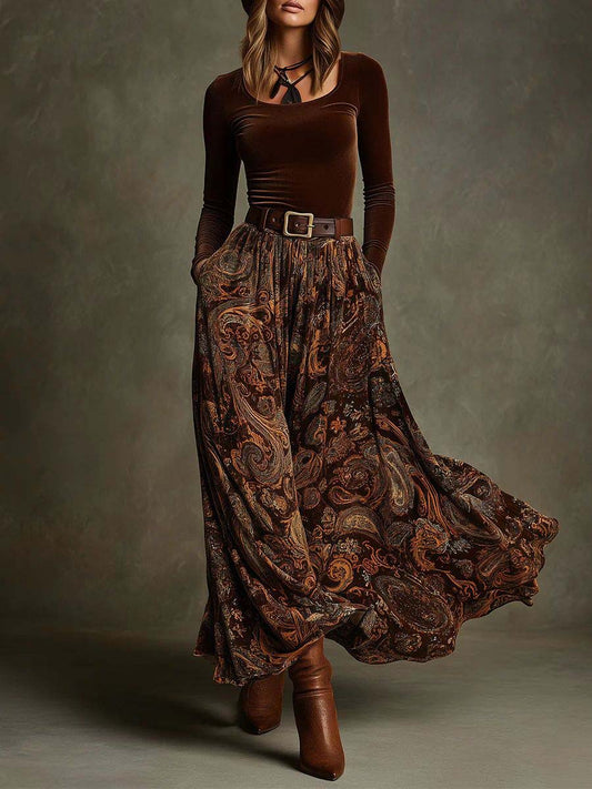 Retro Stretch Velours Top En Paisley Print Maxi Rok Set