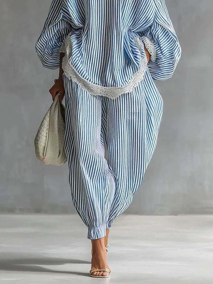 Casual Gestreepte Batwing Mouw Top & Touwsluiting Jogger Broek Twee-Piece Set