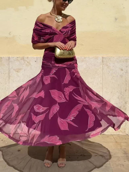 Elegante Off-Shoulder Rimpelblad Print Maxi Jurk