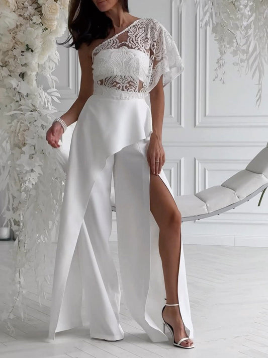 Elegante Een-schouder Kant Sjaal Split Broek Brede Pijpen Twee-delig Set