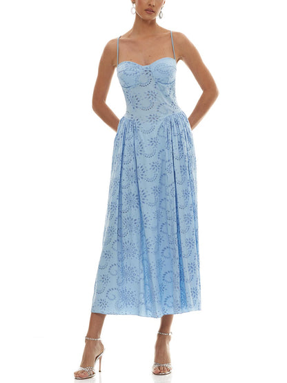 Romantische Geborduurde Sweetheart Hals Spaghetti Band Maxi Jurk