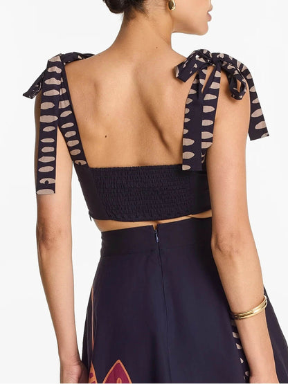Exquise vierkante hals strik tanktop en bedrukte A-lijn hoge taille midi rok set