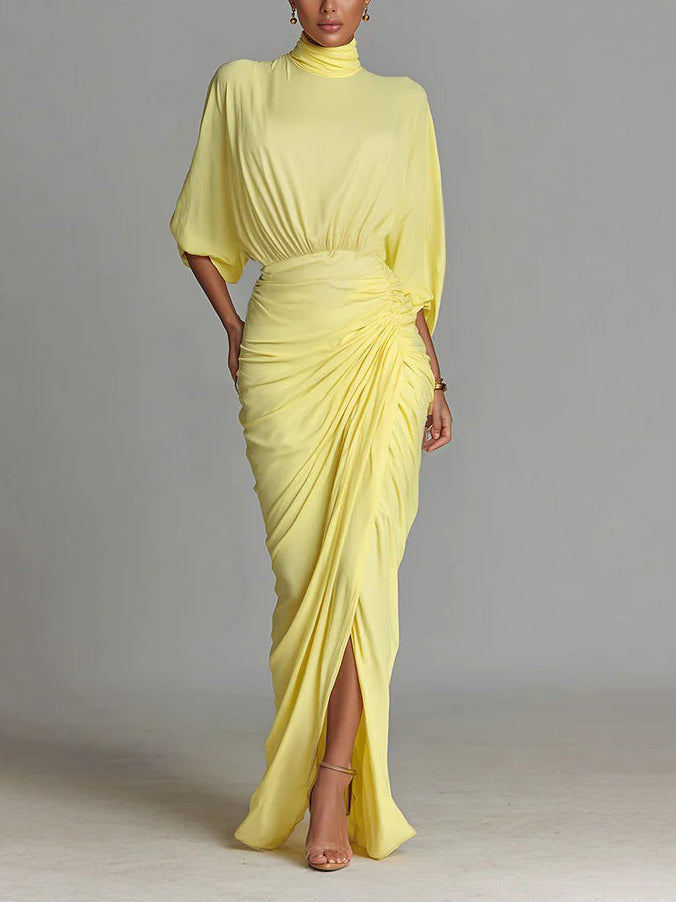 Elegante Hoge Hals Halve Mouw Geplooide Maxi Jurk