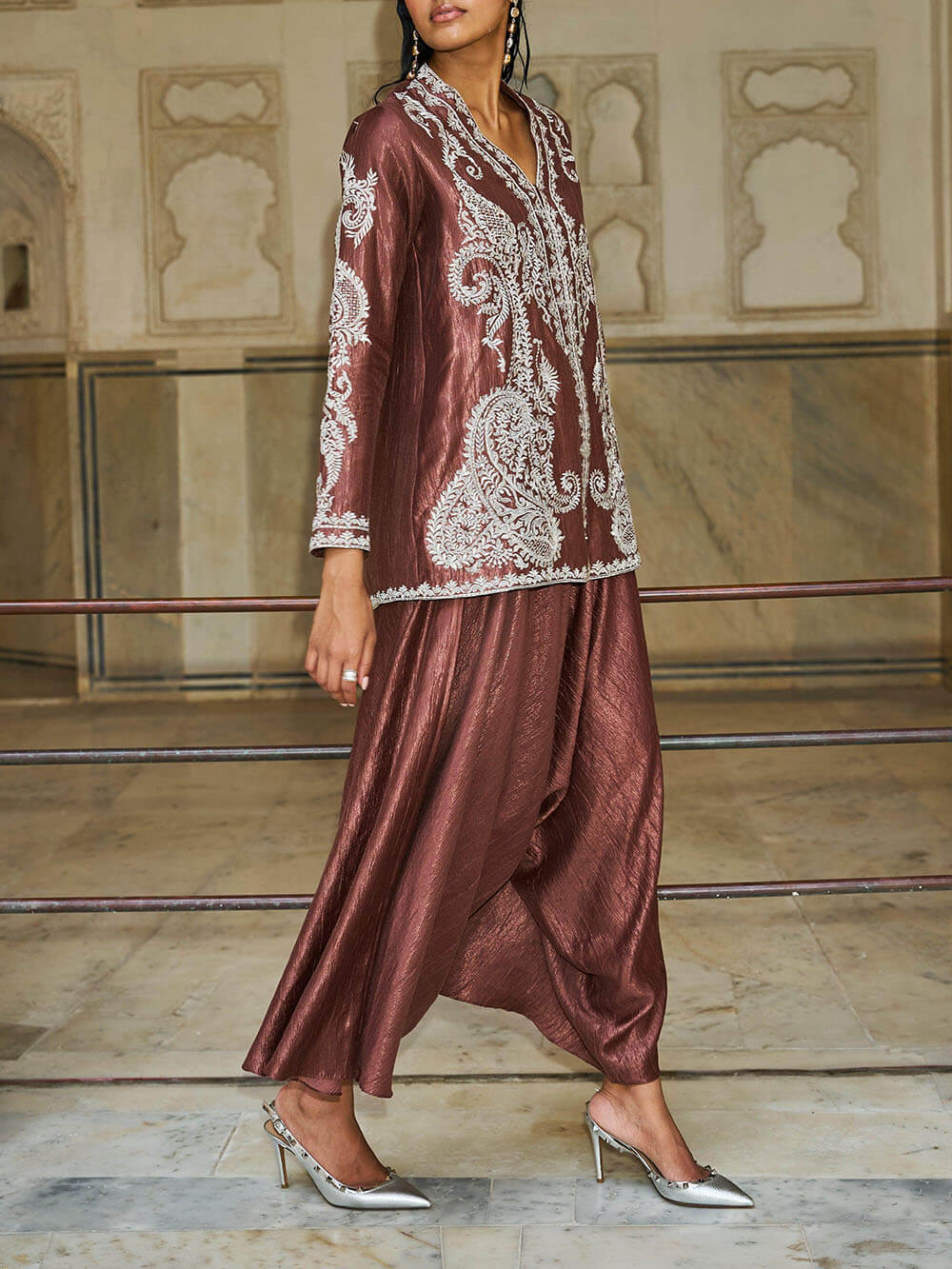 Uniek Paisley Patroon V-Hals Losse Top En Geplooide Harem Wijde Pantalon Set