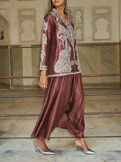 Uniek Paisley Patroon V-Hals Losse Top En Geplooide Harem Wijde Pantalon Set