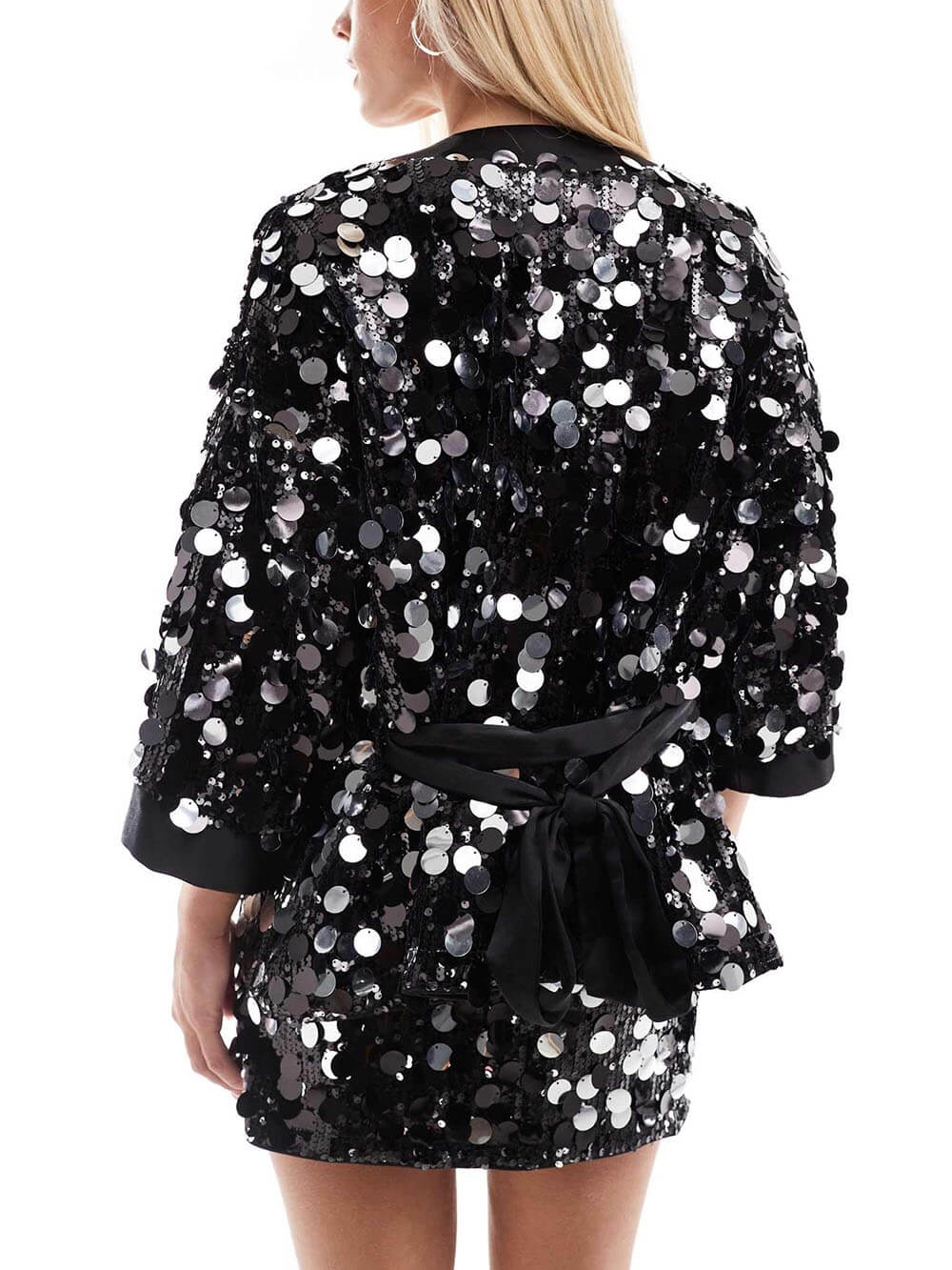 Glinsterende Zwarte Disco Kimono Jas en Mini Rok Set