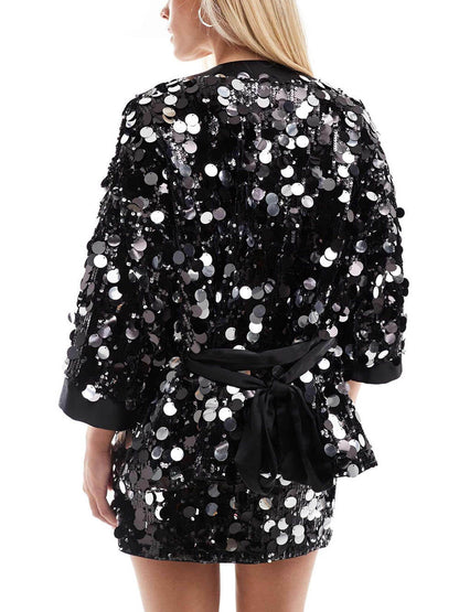 Glinsterende Zwarte Disco Kimono Jas en Mini Rok Set