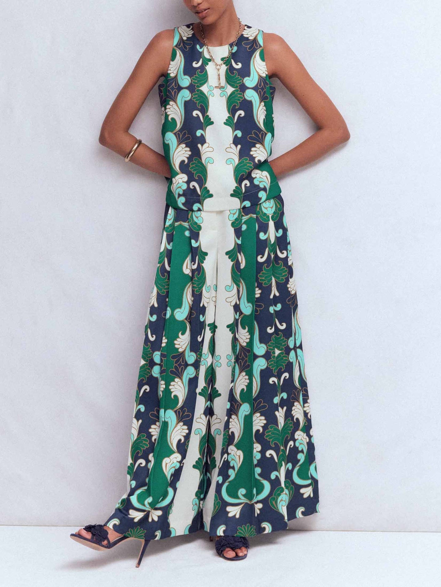 Retro Print Mouwloze Top & Wijde Broek Twee-delige Set