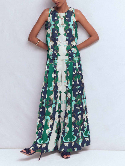 Retro Print Mouwloze Top & Wijde Broek Twee-delige Set
