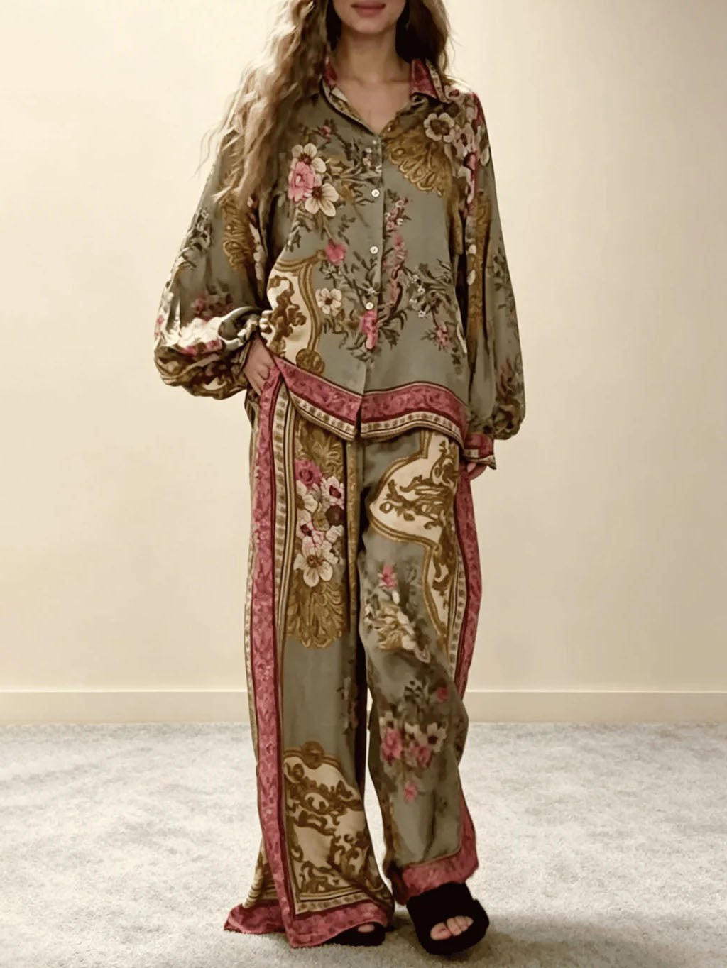 Retro Bloemen Barok Print Satijnen Shirt & Brede Pantalon Set