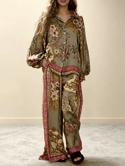 Retro Bloemen Barok Print Satijnen Shirt & Brede Pantalon Set
