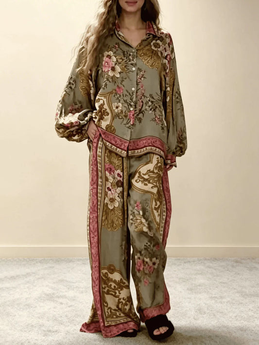 Retro Bloemen Barok Print Satijnen Shirt & Brede Pantalon Set
