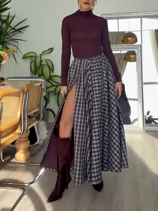 Elegante Geruite Maxirok met Hoge Splits Twee-delige Set