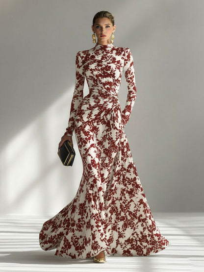 Casual Abstract Print Hoge Hals Plissé Zeemeermin Maxi Jurk