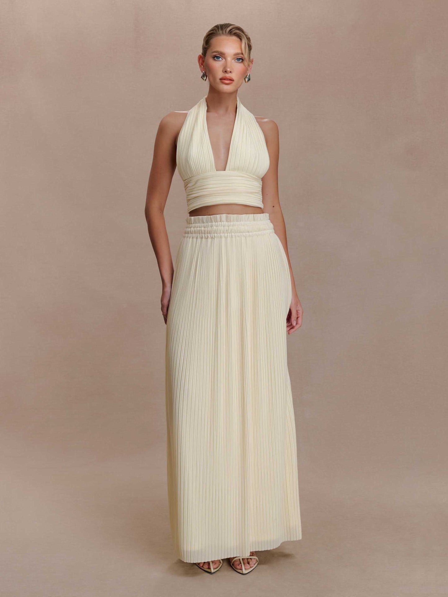 Rugloze Spaghetti Band Crop Top & Plissé Maxi Rok Twee-Delige Set