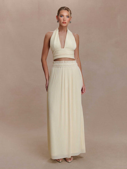 Rugloze Spaghetti Band Crop Top & Plissé Maxi Rok Twee-Delige Set