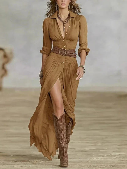 Casual Hemd Kraag Hemie Stijl Knop Maxi Jurk