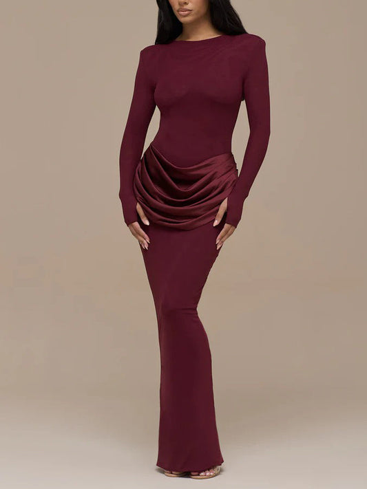 Elegante Plissé Lange Mouwen Slim-Fit Maxi Jurk