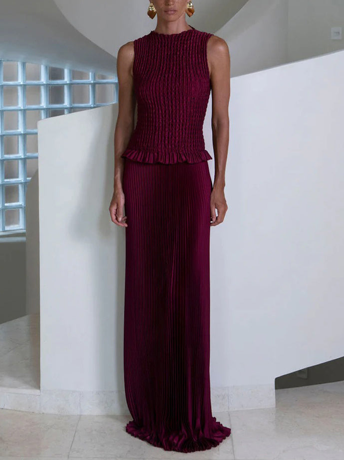 Elegante Mouwloze Plissé Vestrok Twee-Delige Set