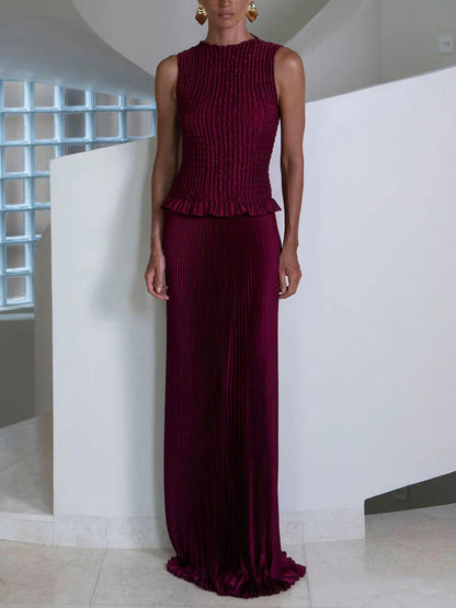 Elegante Mouwloze Plissé Vestrok Twee-Delige Set