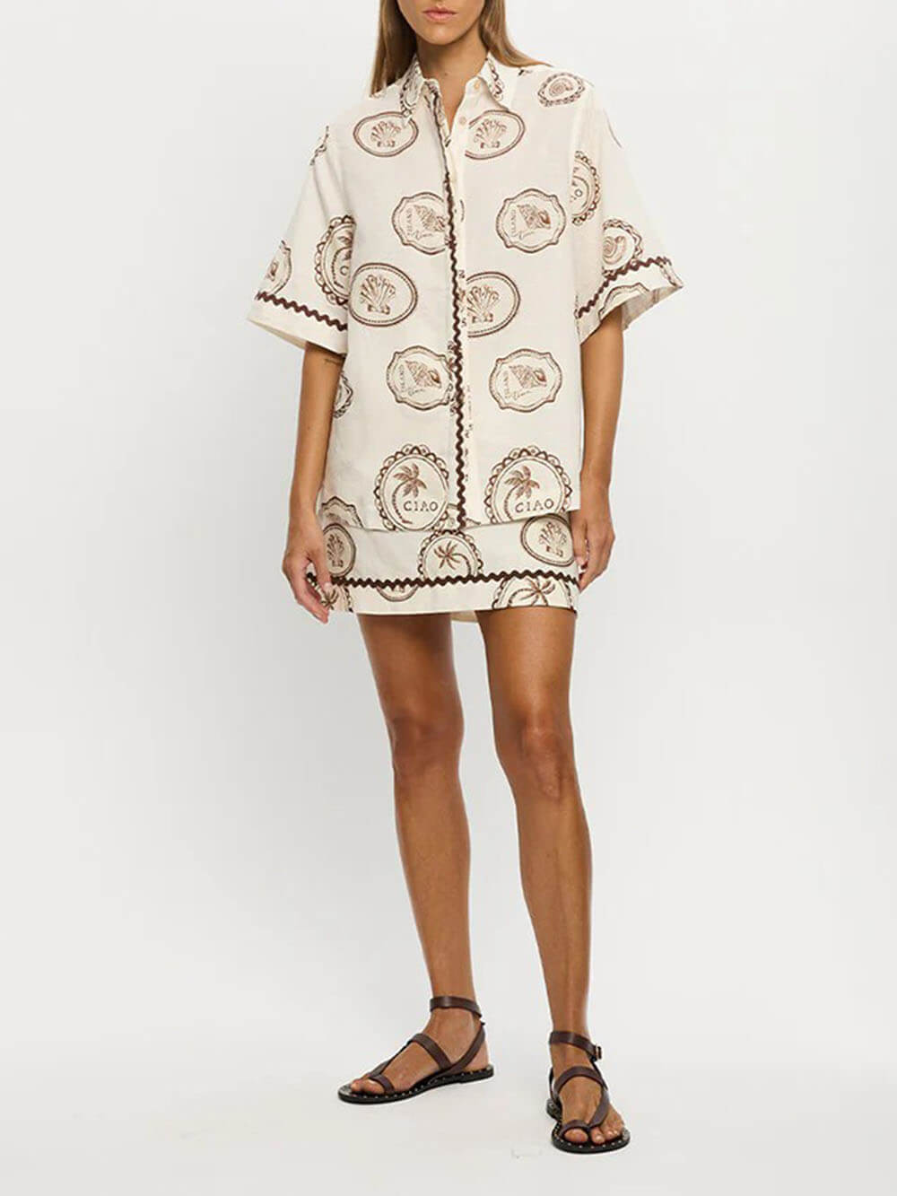 Elegante Vetersluiting Linnen Schelpprint Korte Mouwen Shirt En Rok Set