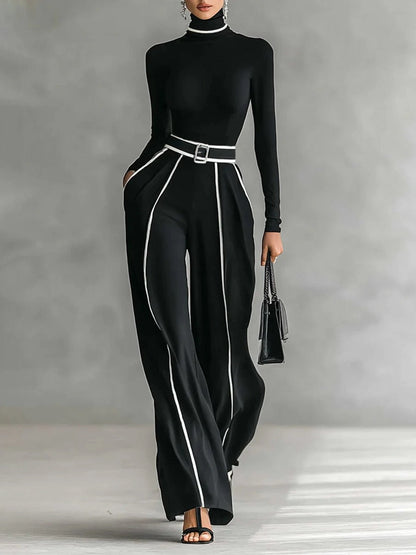 Elegante Hoge Hals Slim Fit Lange Mouw Top Twee-Delige Set