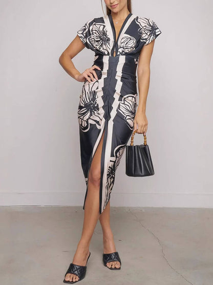 Unieke Bella Contrastkleur Unieke Print Dolman Mouw Gerimpelde Split Midi Jurk