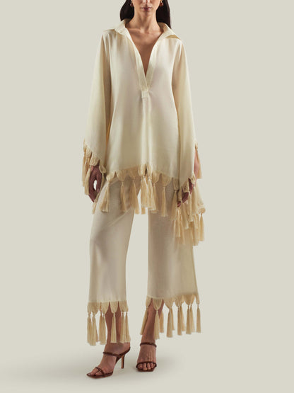 Exquise Franje Trim Shirt & Wijde Broek Twee-Delige Set