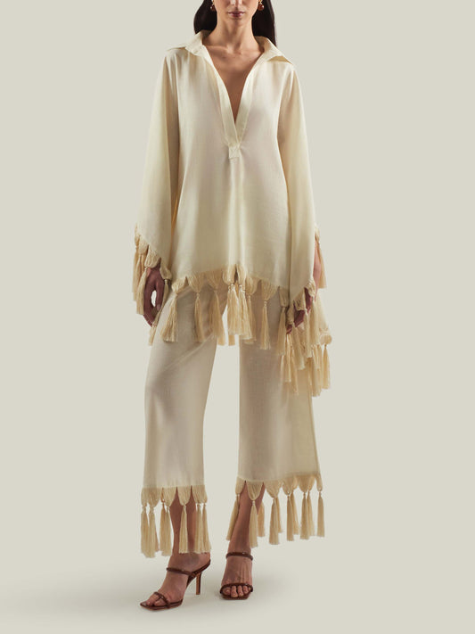 Exquise Franje Trim Shirt & Wijde Broek Twee-Delige Set