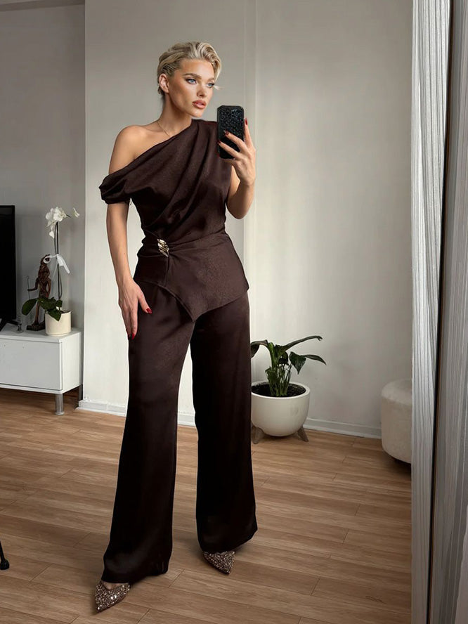 Elegante Satijnen Een-Schouder Drapeer Top & Brede Pantalon Twee-Piece Set