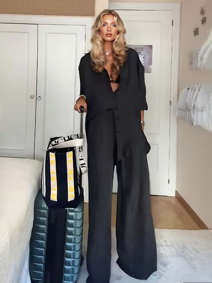 Minimalistische Zwarte Satijnen Shirt & Drawstring Broek Set