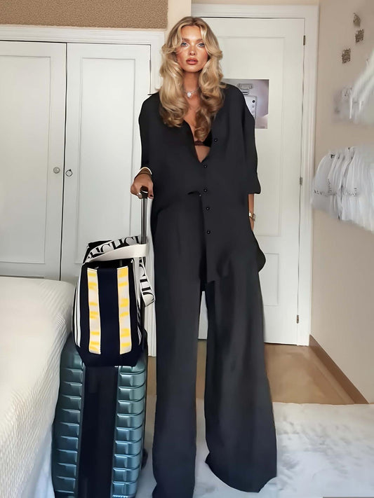 Minimalistische Zwarte Satijnen Shirt & Drawstring Broek Set