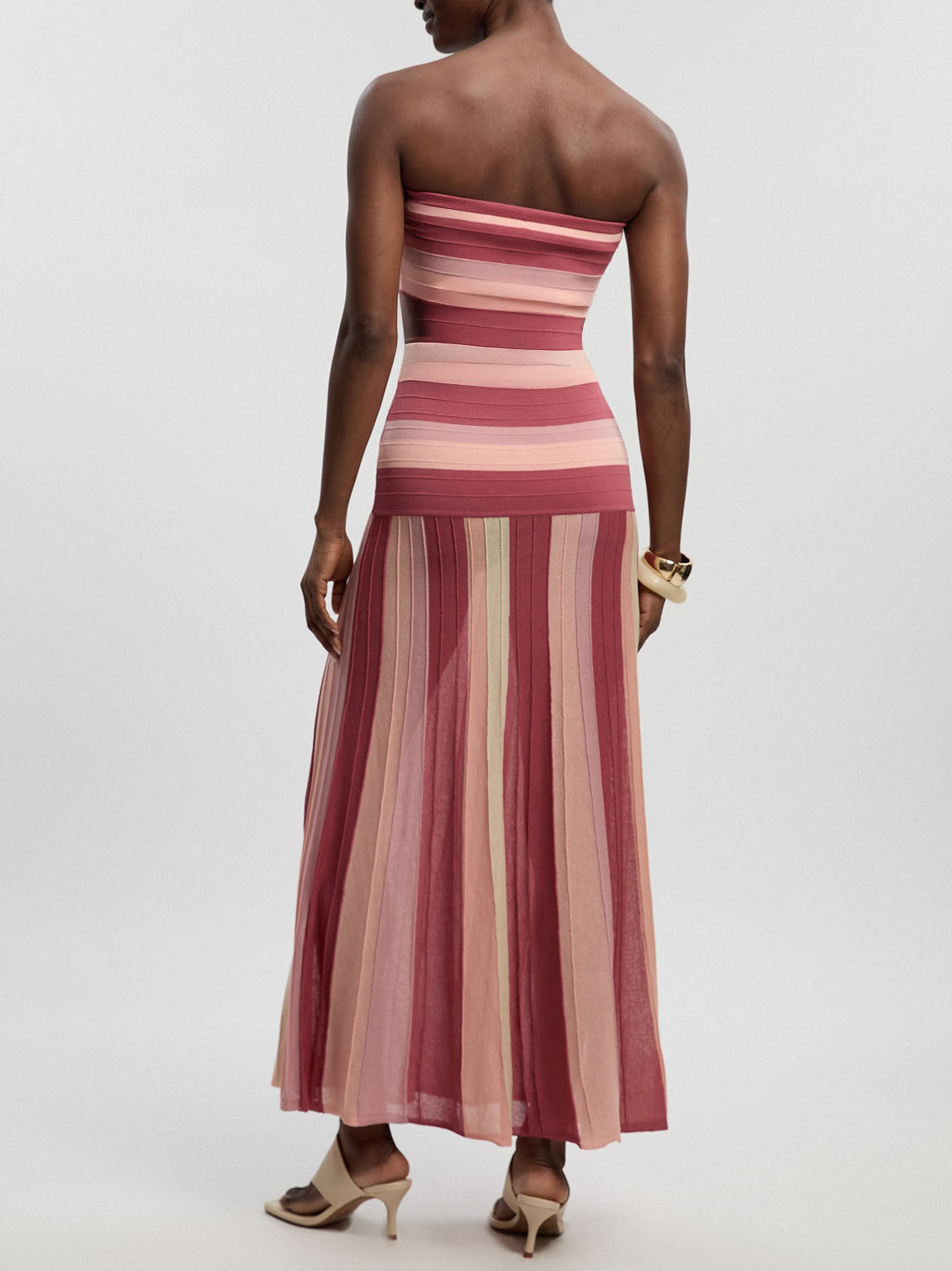 Strapless Gestreepte Strapless Gebreide Maxi Jurk