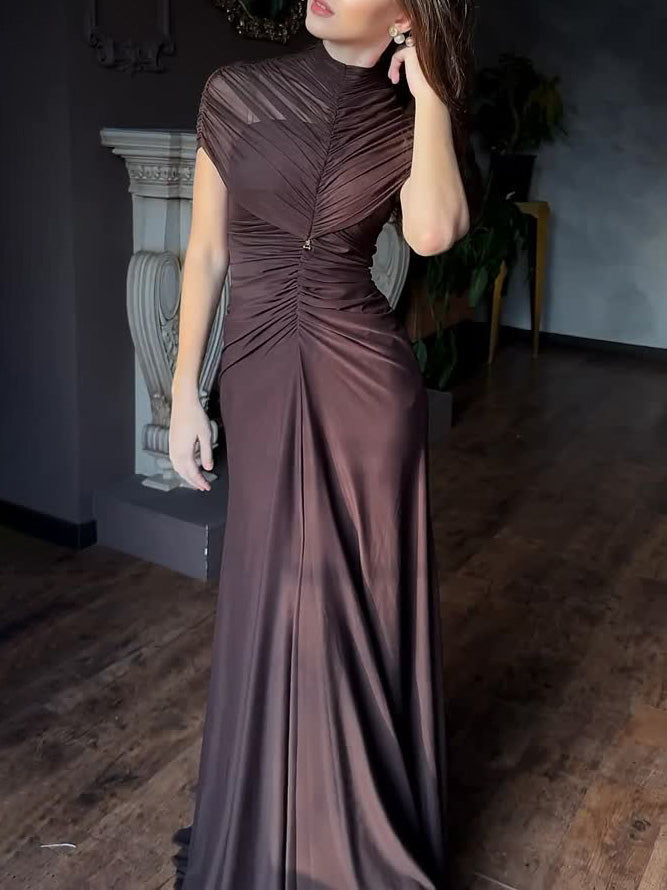Mesh Geplooide Maxi Jurk met Korte Mouwen