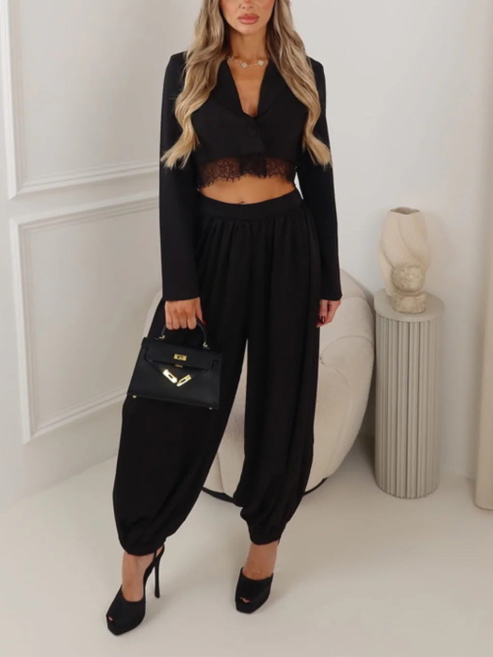 Elegante Cropped Blazer En Gedrapeerde Harem Broek Twee-Piece Set