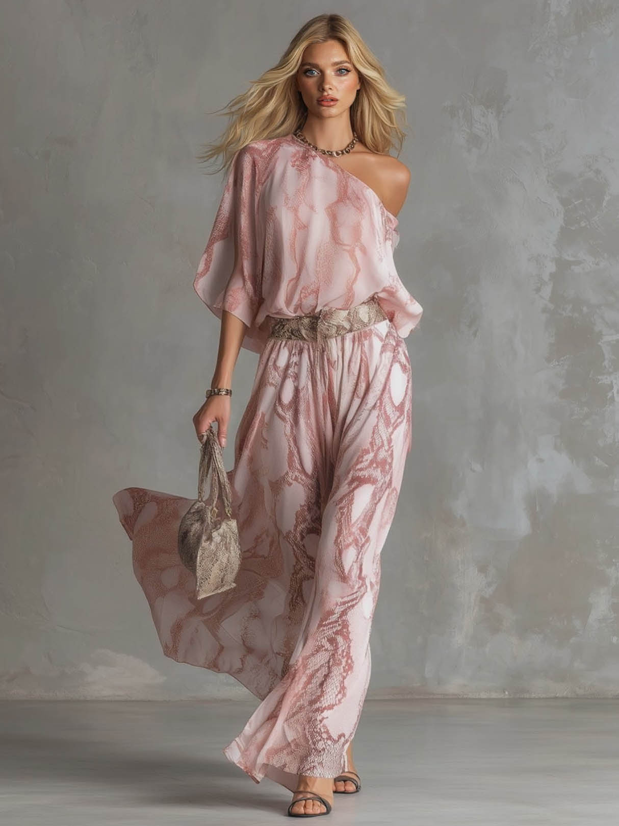Slangenprint Eén-Schouder Top & Wijde Pantalon Set